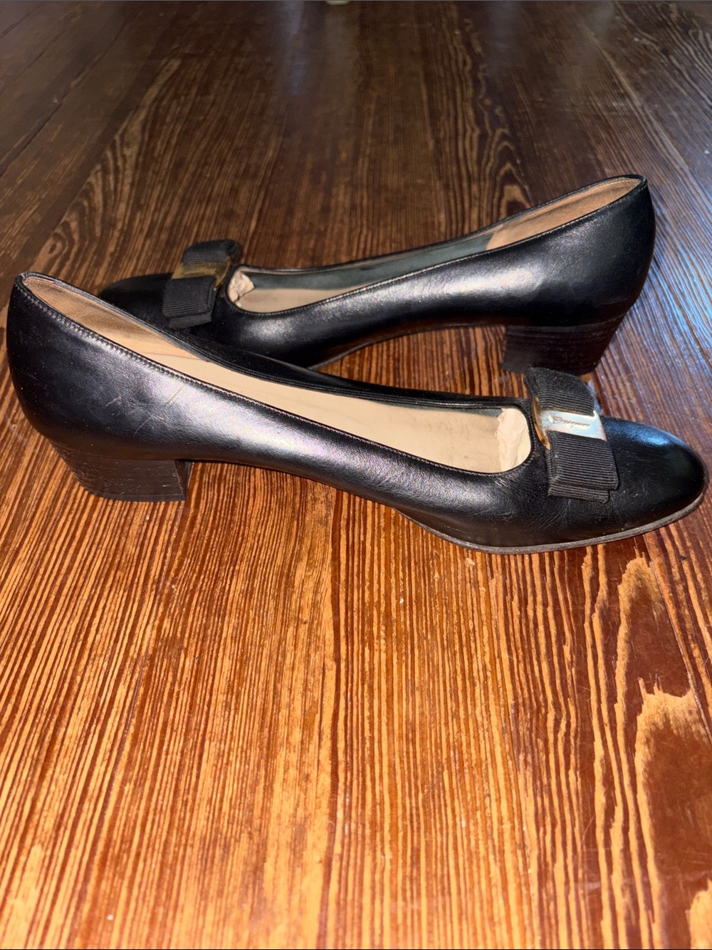 Vintage Salvatore Ferragamo Black Leather Mid-Heel Pumps with Bow Accent